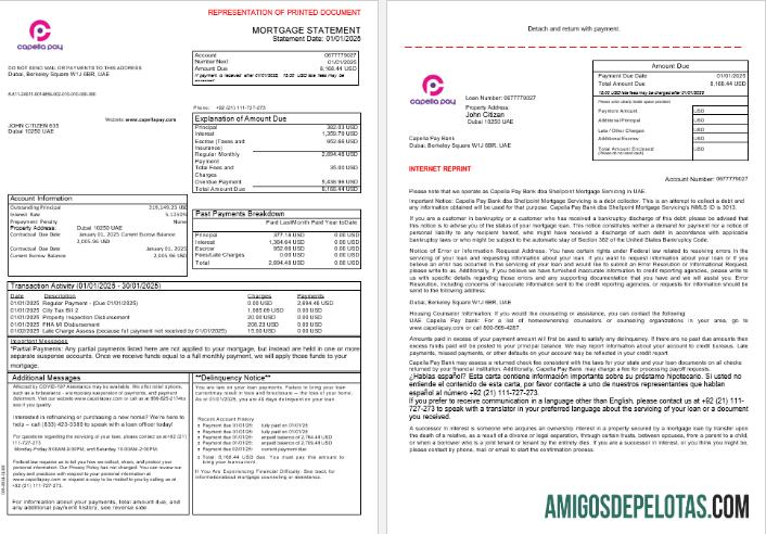 Extrato de hipoteca do banco Capella Pay dos Emirados Árabes Unidos em formatos Word e PDF, 3 páginas 1 2 modelo